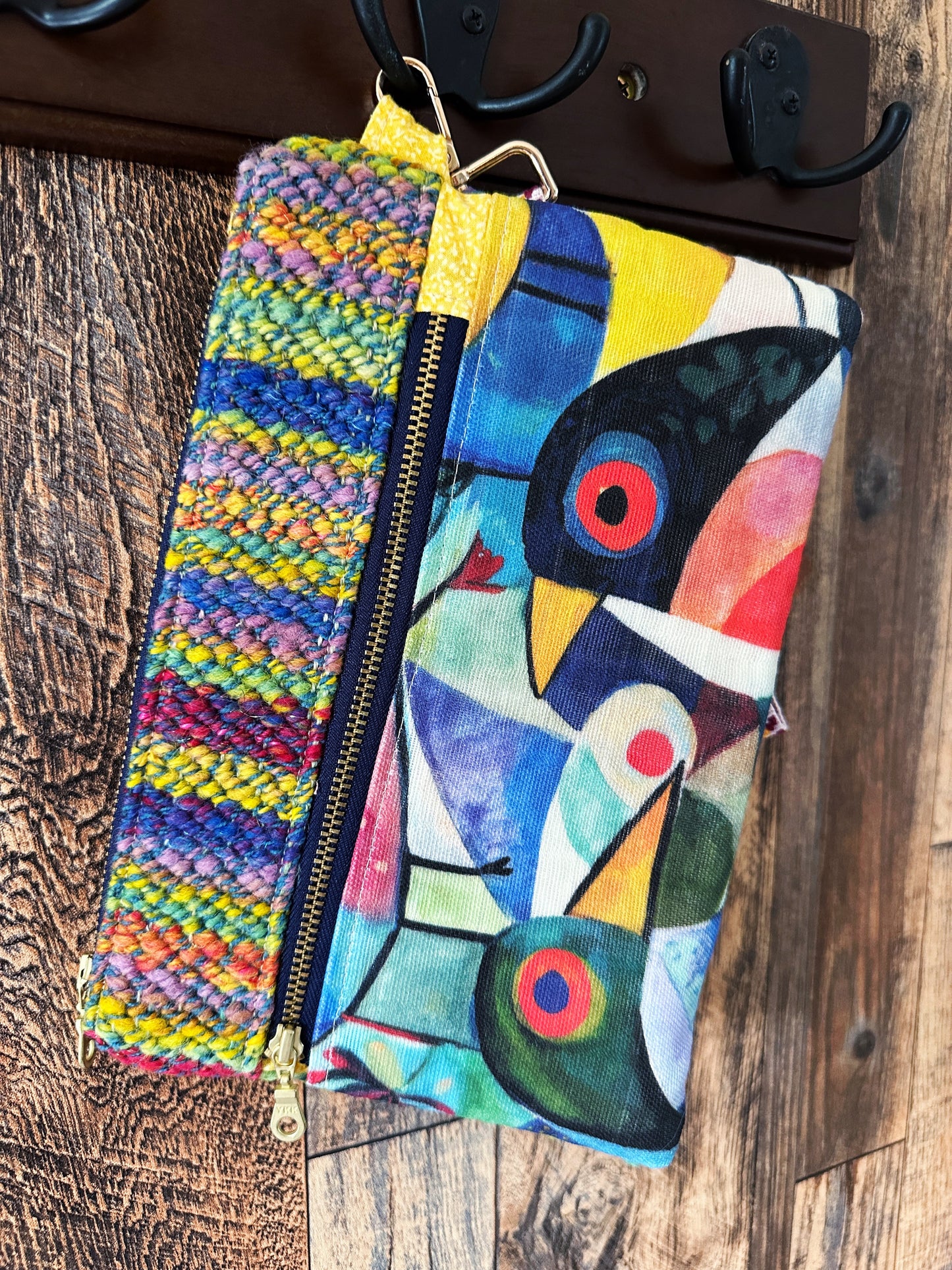 Abstract Birds & Handwoven Wool Double Zipper Clutch, Perfect for E Readers