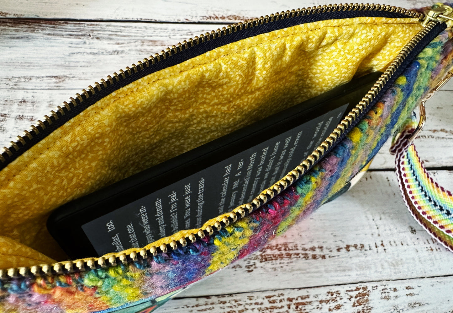 Abstract Birds & Handwoven Wool Double Zipper Clutch, Perfect for E Readers