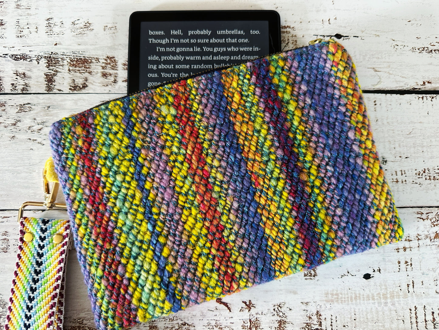 Abstract Birds & Handwoven Wool Double Zipper Clutch, Perfect for E Readers