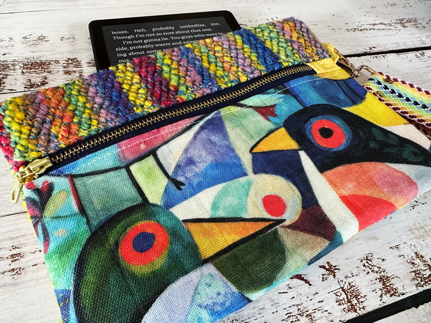 Abstract Birds & Handwoven Wool Double Zipper Clutch, Perfect for E Readers