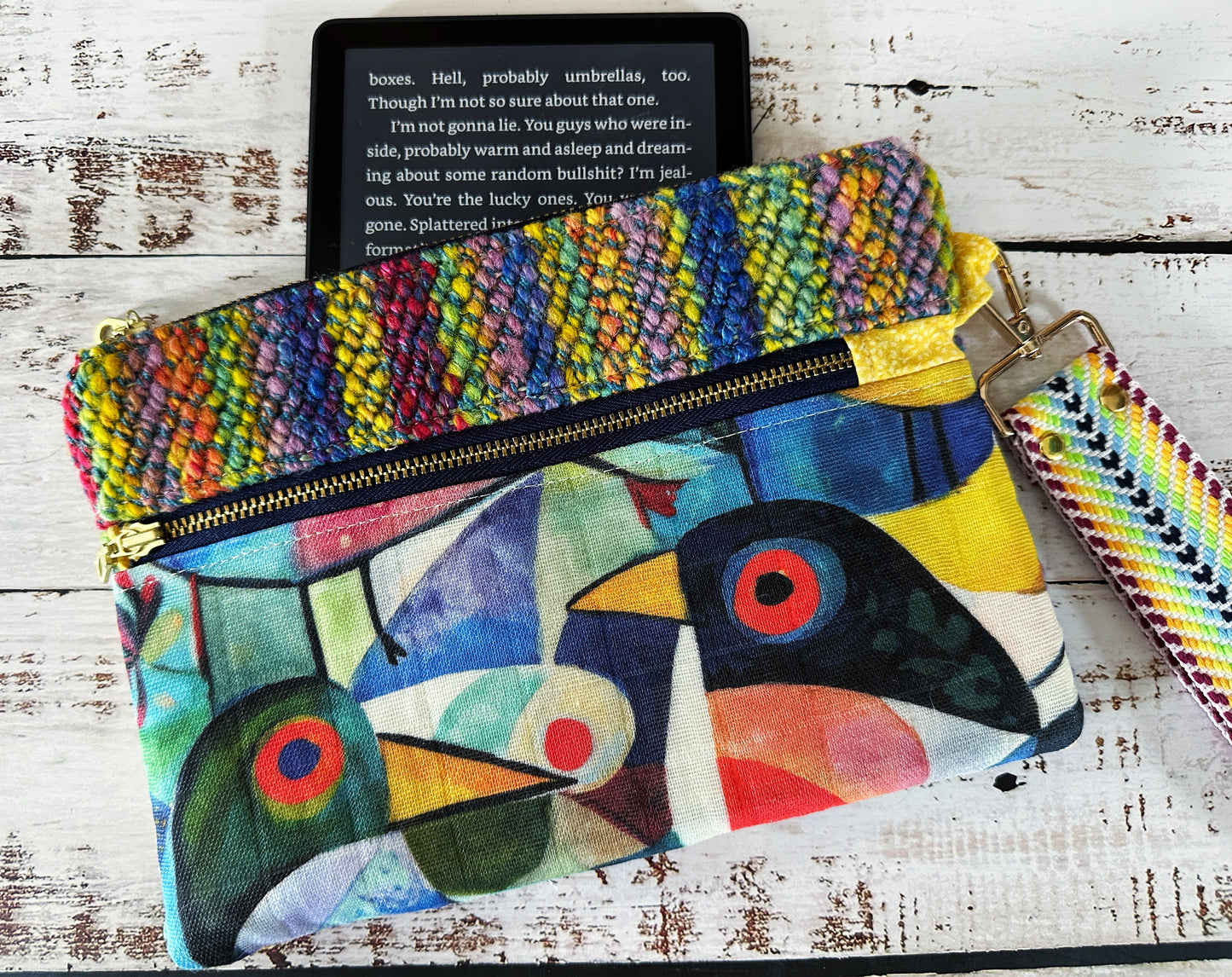 Abstract Birds & Handwoven Wool Double Zipper Clutch, Perfect for E Readers