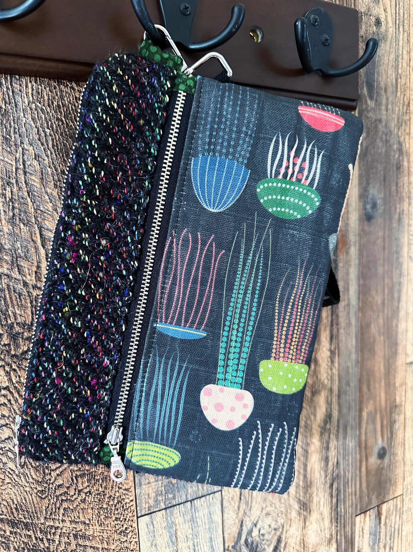Rainbow Jellyfish & Handwoven Wool Double Zipper Clutch, Perfect for E Readers