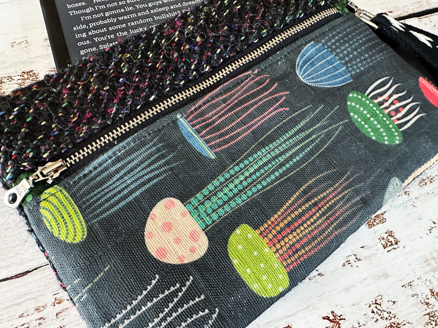 Rainbow Jellyfish & Handwoven Wool Double Zipper Clutch, Perfect for E Readers