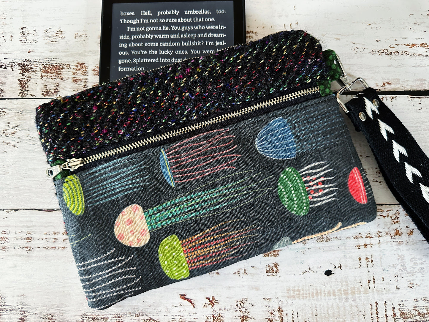 Rainbow Jellyfish & Handwoven Wool Double Zipper Clutch, Perfect for E Readers