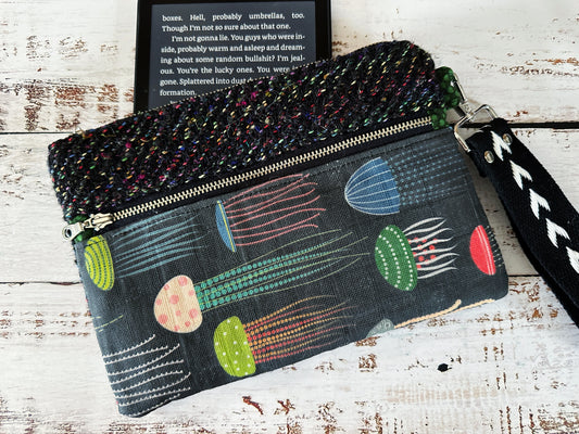 Rainbow Jellyfish & Handwoven Wool Double Zipper Clutch, Perfect for E Readers