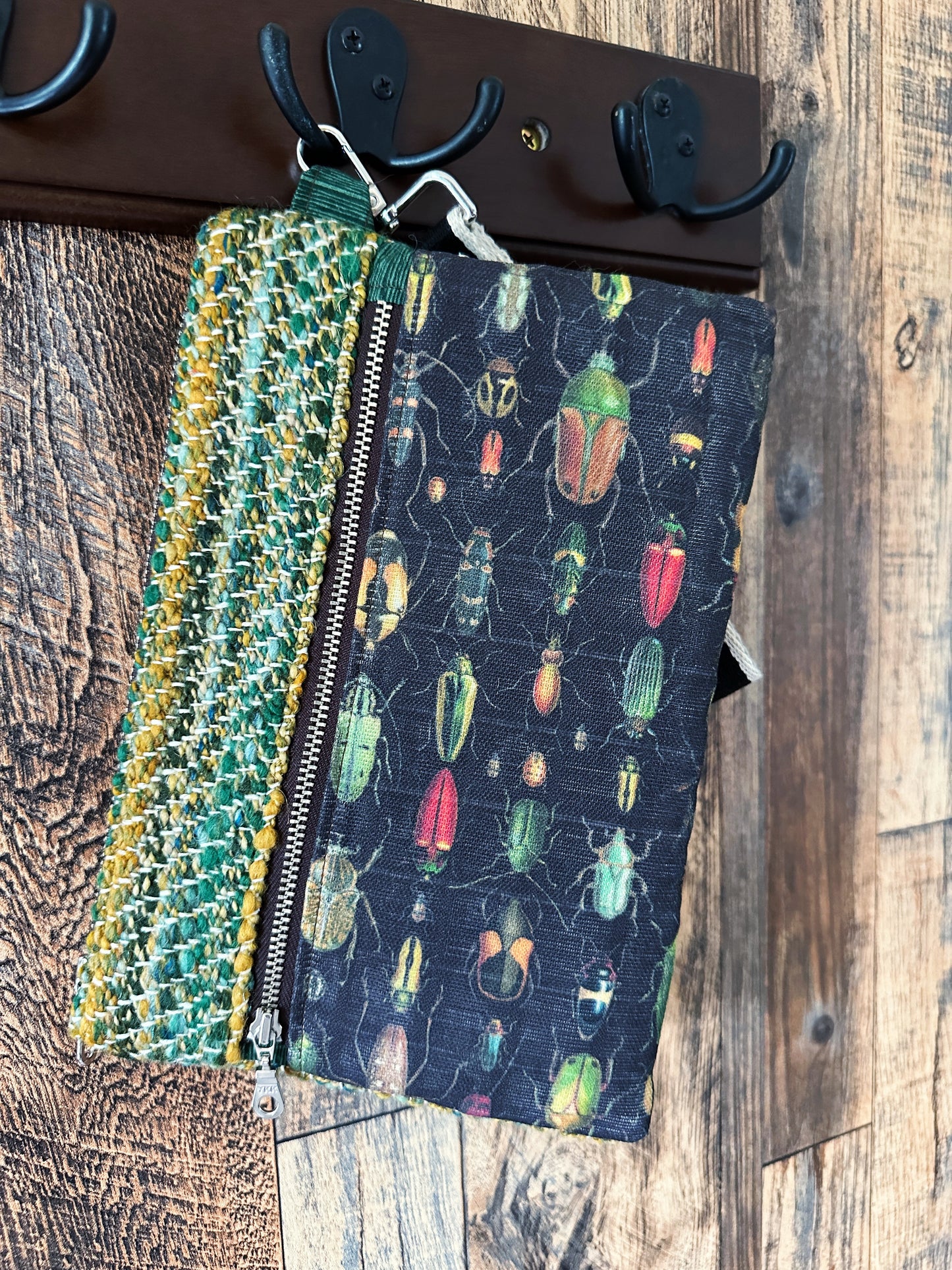 Rainbow of Scarabs & Handwoven Wool Double Zipper Clutch, Perfect for E Readers