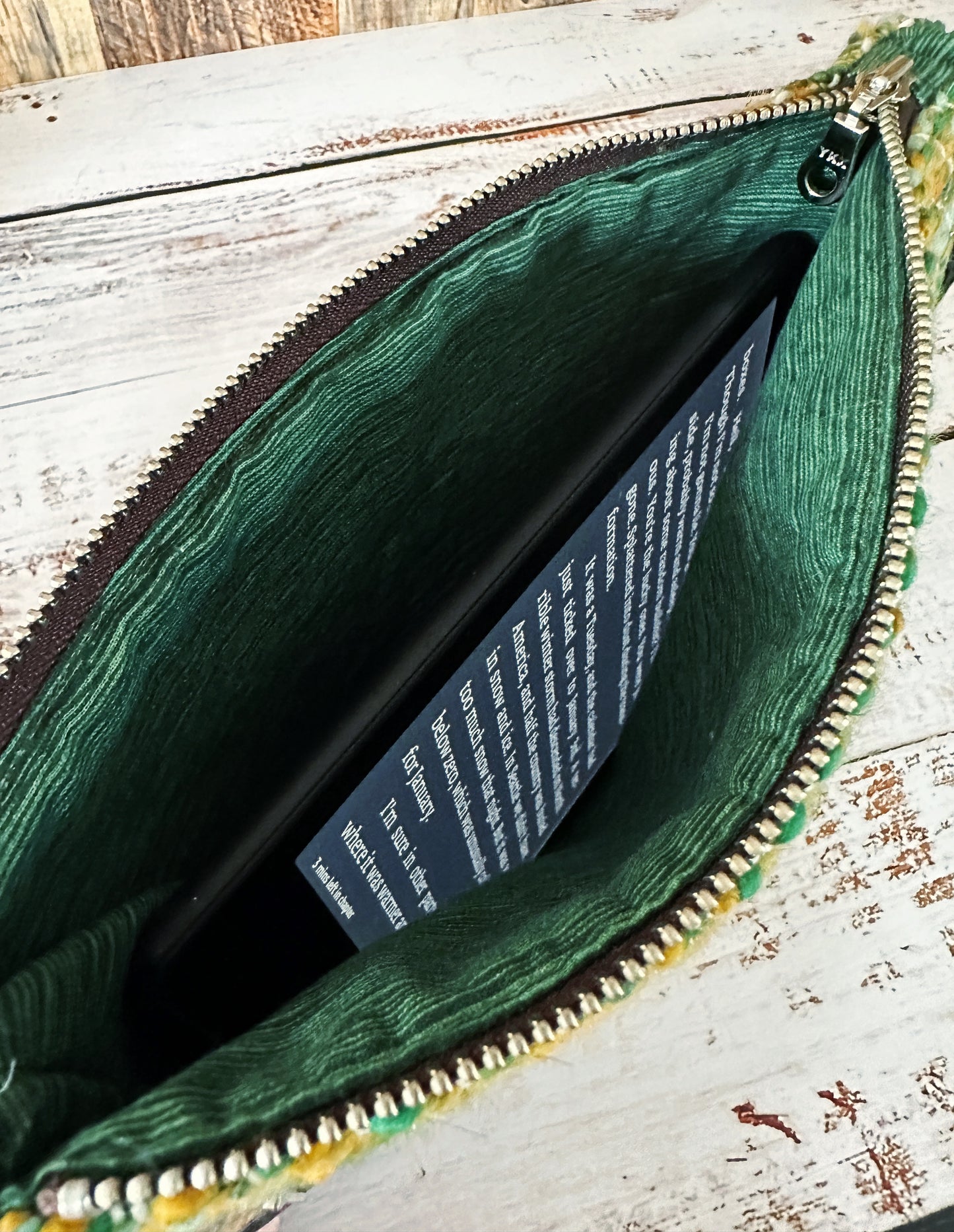 Rainbow of Scarabs & Handwoven Wool Double Zipper Clutch, Perfect for E Readers