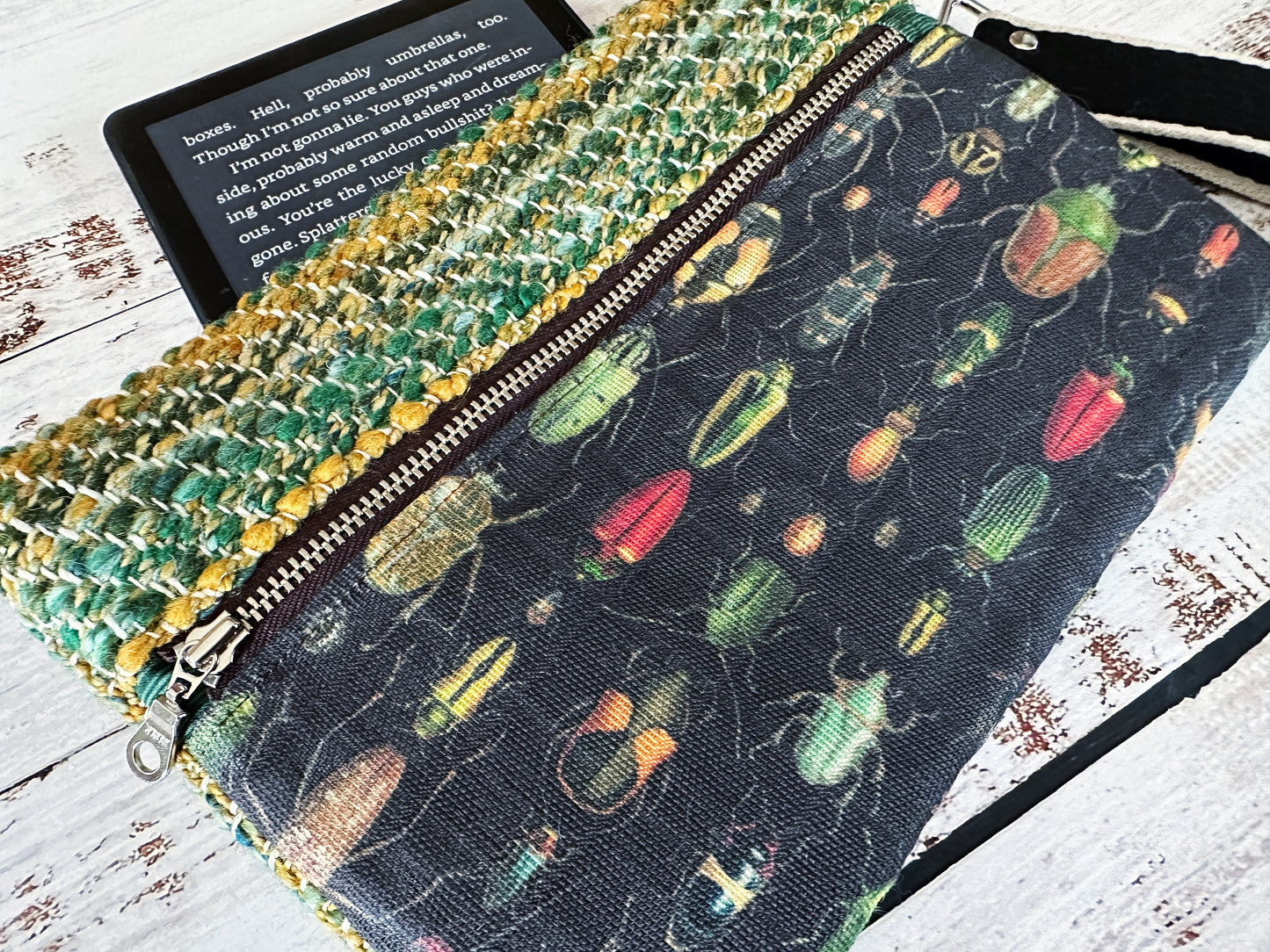 Rainbow of Scarabs & Handwoven Wool Double Zipper Clutch, Perfect for E Readers