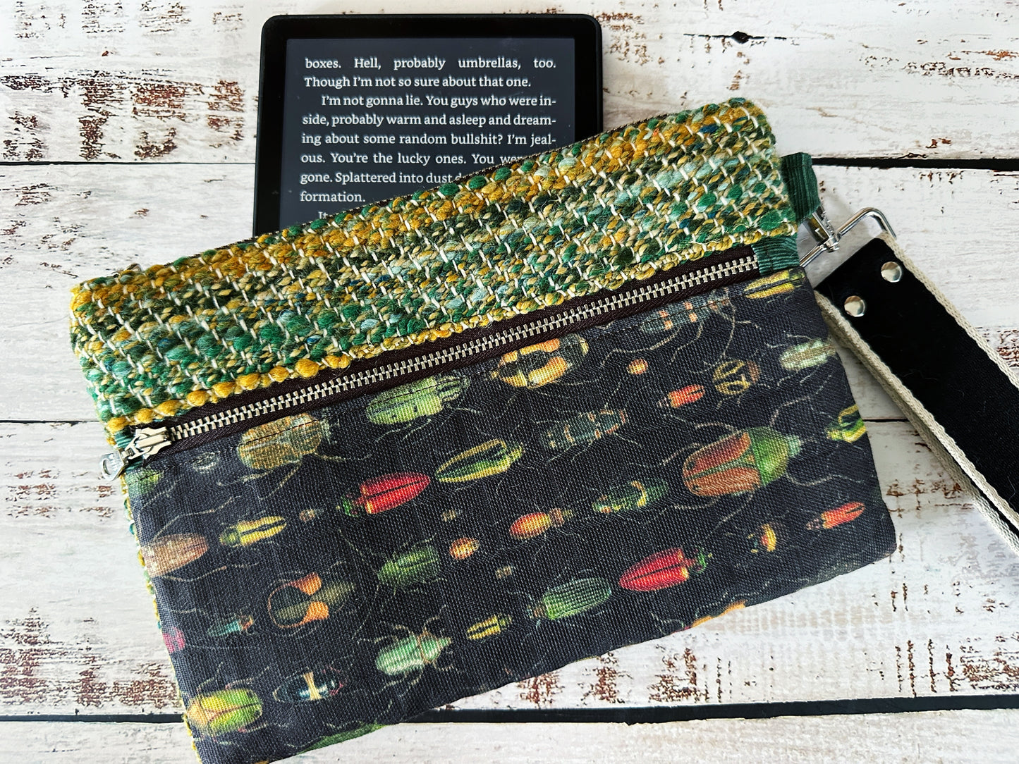 Rainbow of Scarabs & Handwoven Wool Double Zipper Clutch, Perfect for E Readers