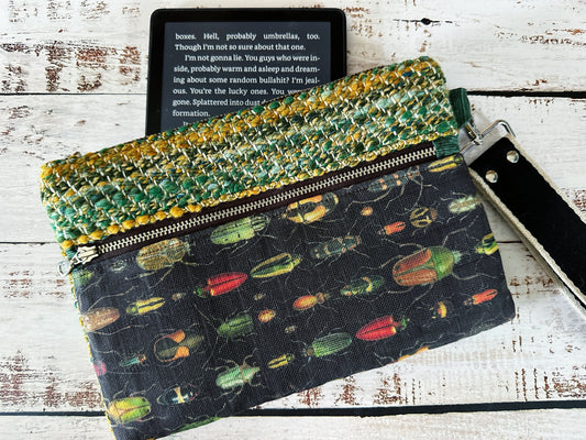 Rainbow of Scarabs & Handwoven Wool Double Zipper Clutch, Perfect for E Readers