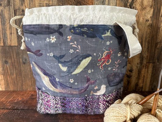 Dolphins and Whales and Handwoven Wool Medium Project Bag