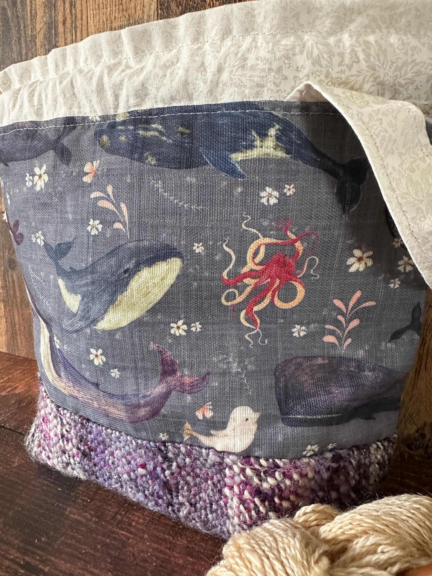 Dolphins and Whales and Handwoven Wool Medium Project Bag