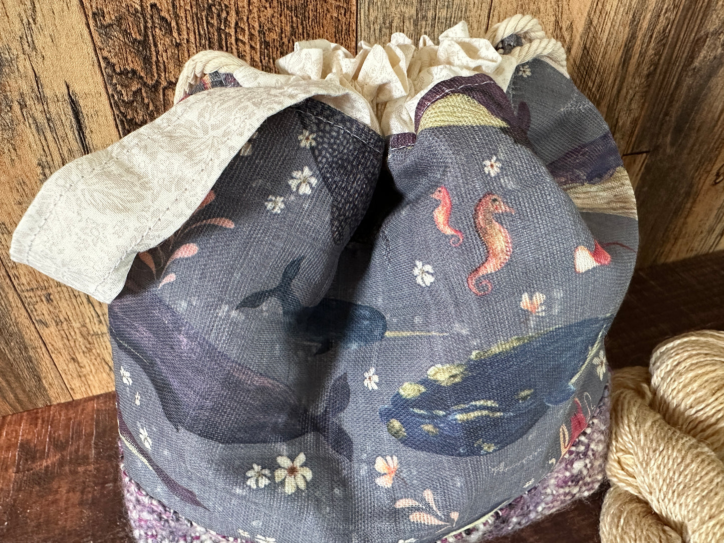 Dolphins and Whales and Handwoven Wool Medium Project Bag