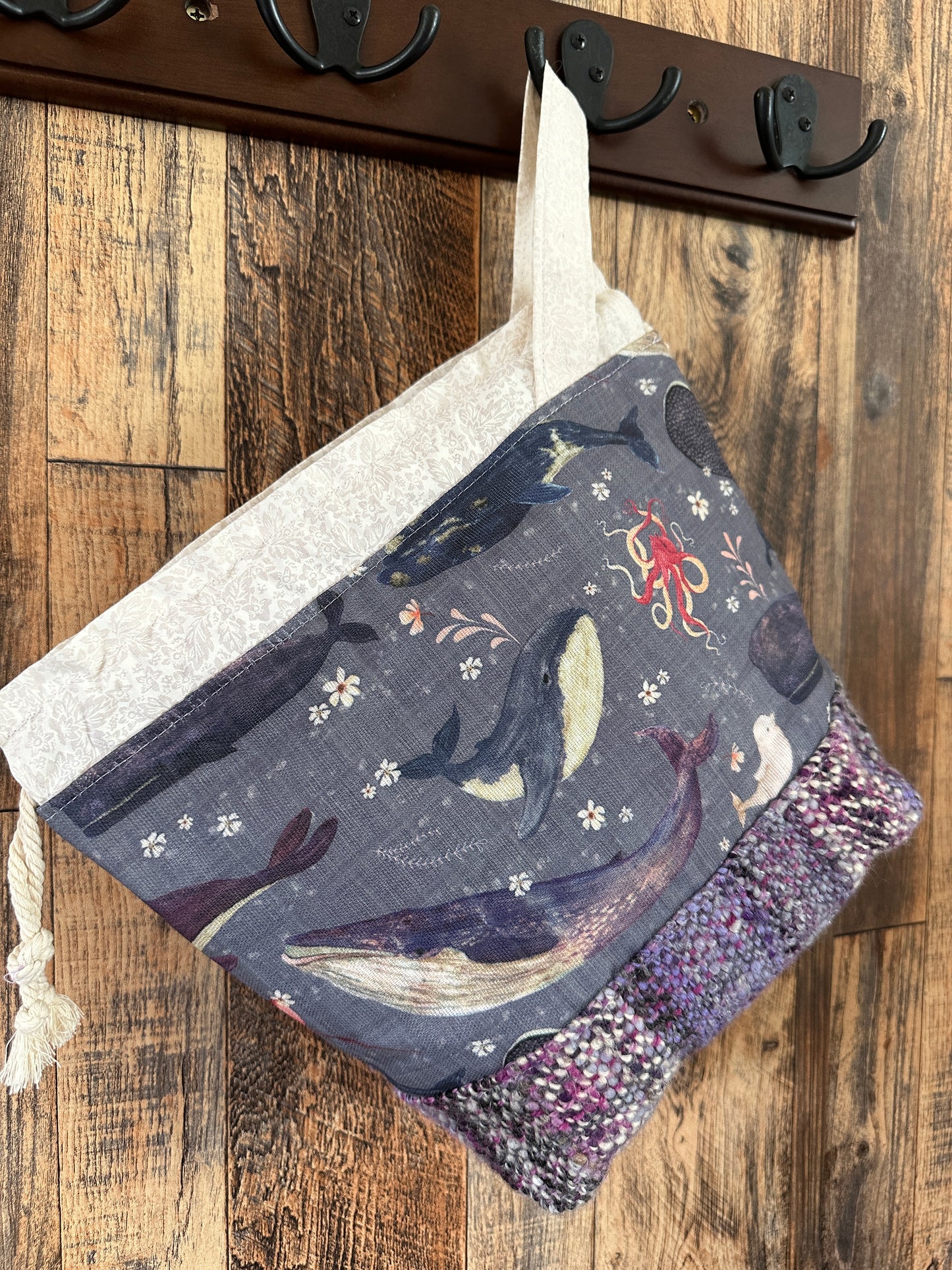 Dolphins and Whales and Handwoven Wool Medium Project Bag