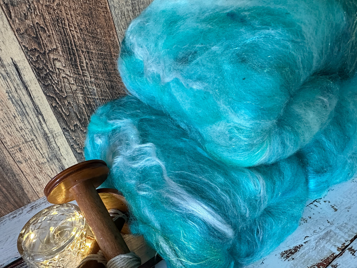 Turquoise Blue Shetland and Alpaca Art Batt for Spinning or Felting ~ Pride Rainbow