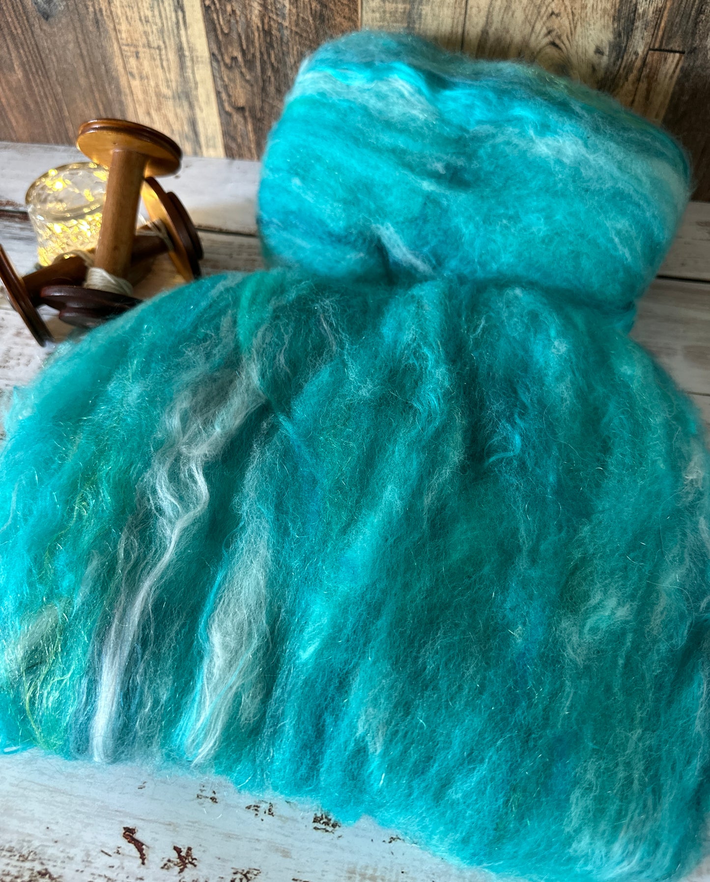 Turquoise Blue Shetland and Alpaca Art Batt for Spinning or Felting ~ Pride Rainbow