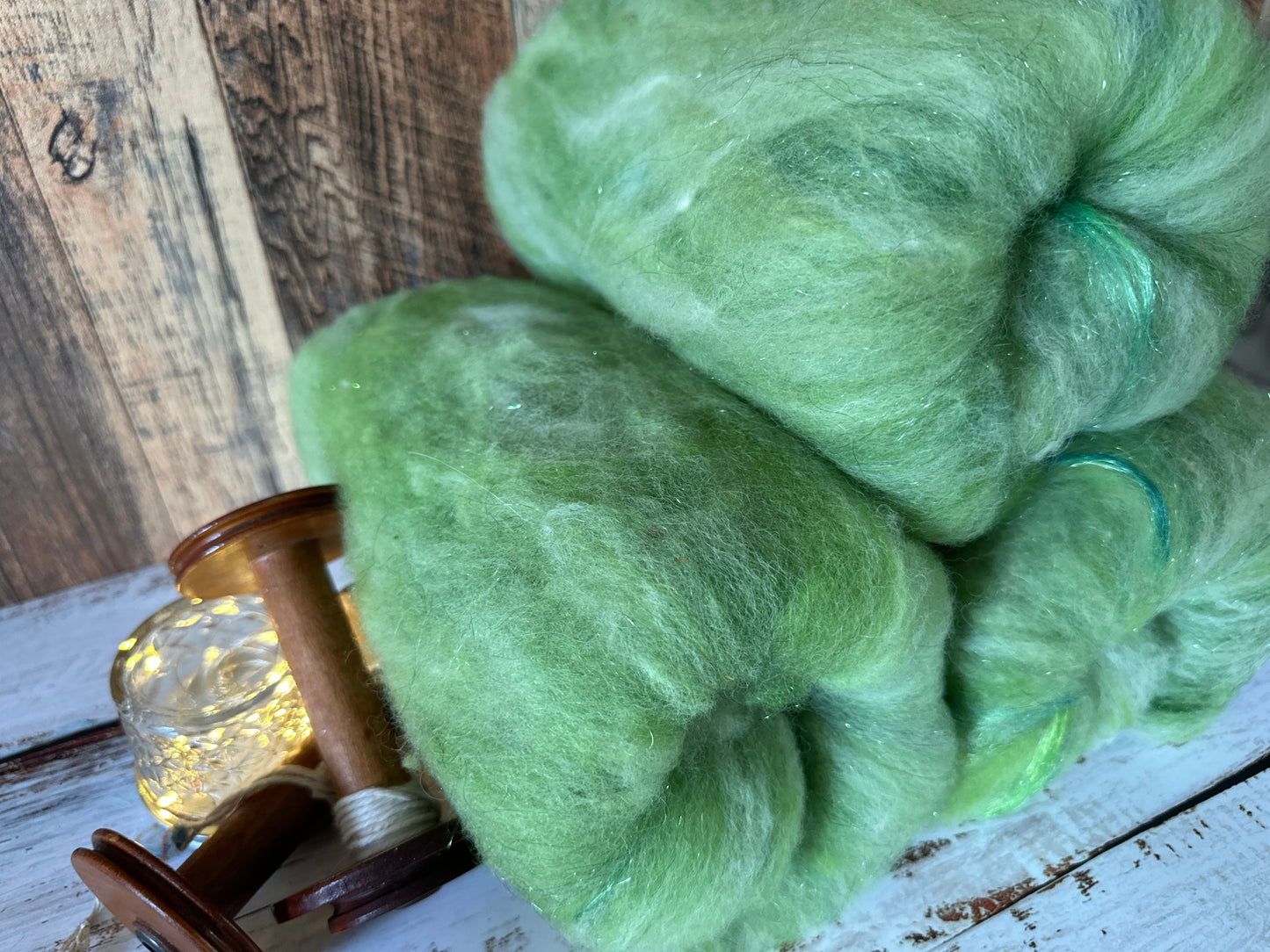 Sparkly Green Shetland and Alpaca Art Batt for Spinning or Felting ~ Pride Rainbow