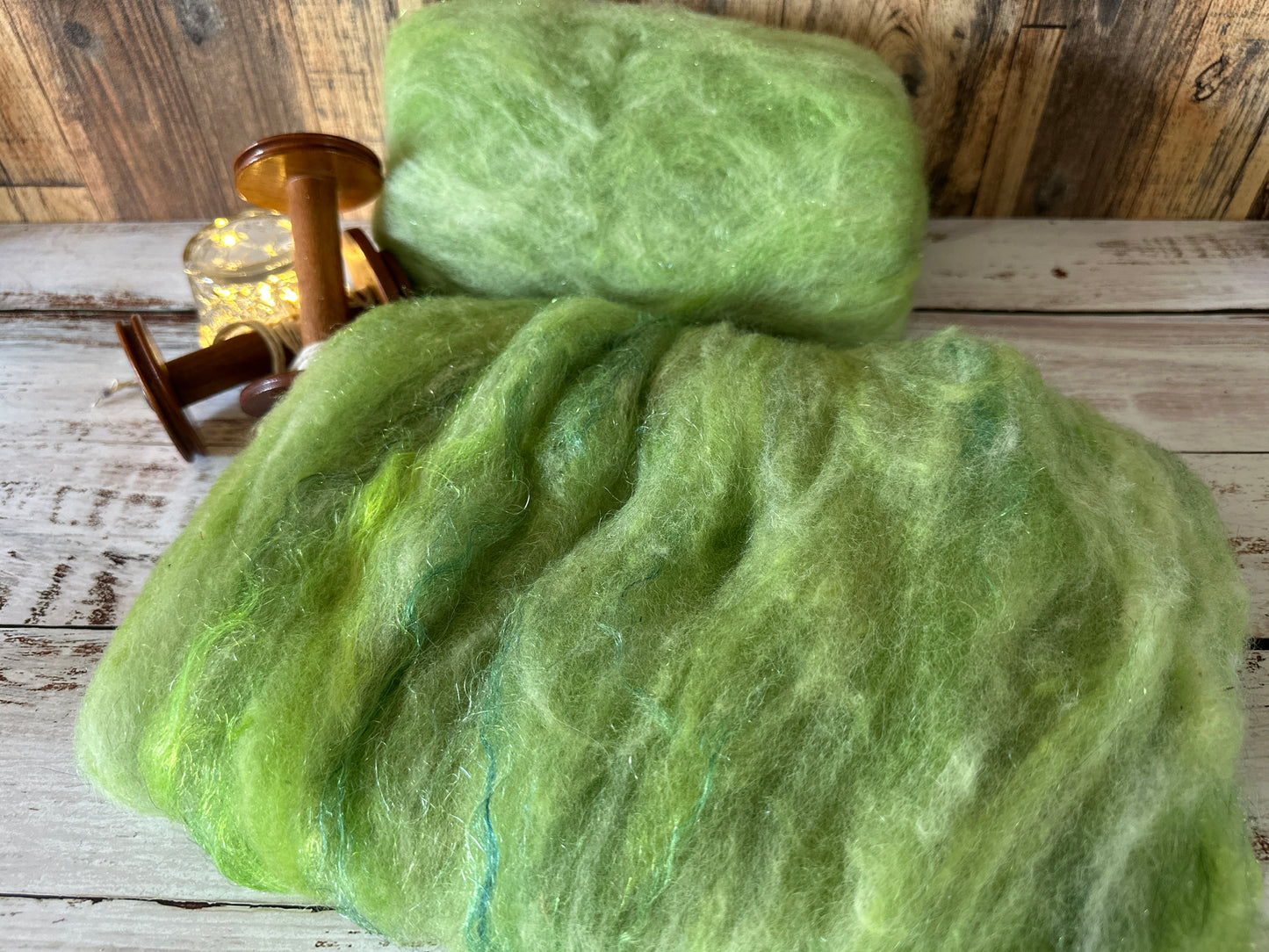 Sparkly Green Shetland and Alpaca Art Batt for Spinning or Felting ~ Pride Rainbow