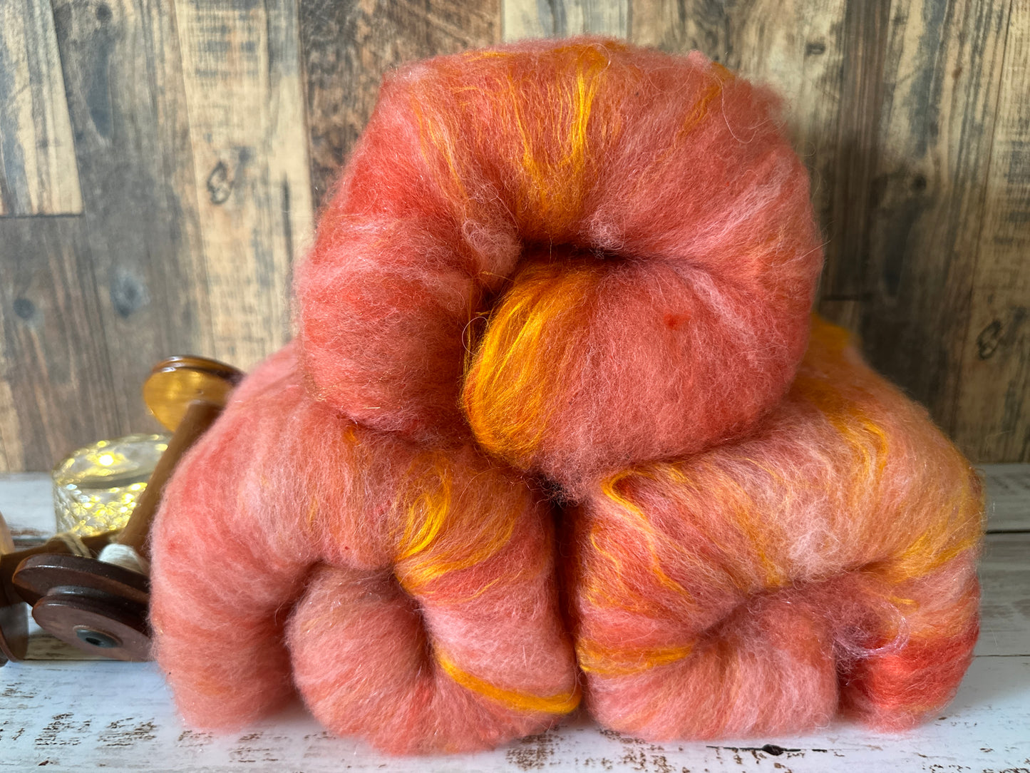 Peachy Orange Shetland and Alpaca Art Batt for Spinning or Felting ~ Pride Rainbow