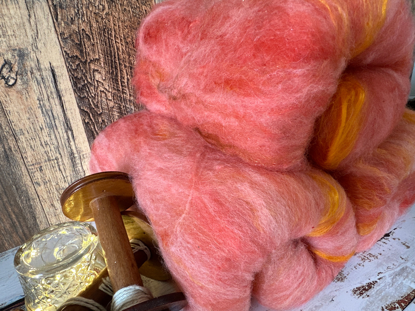 Peachy Orange Shetland and Alpaca Art Batt for Spinning or Felting ~ Pride Rainbow
