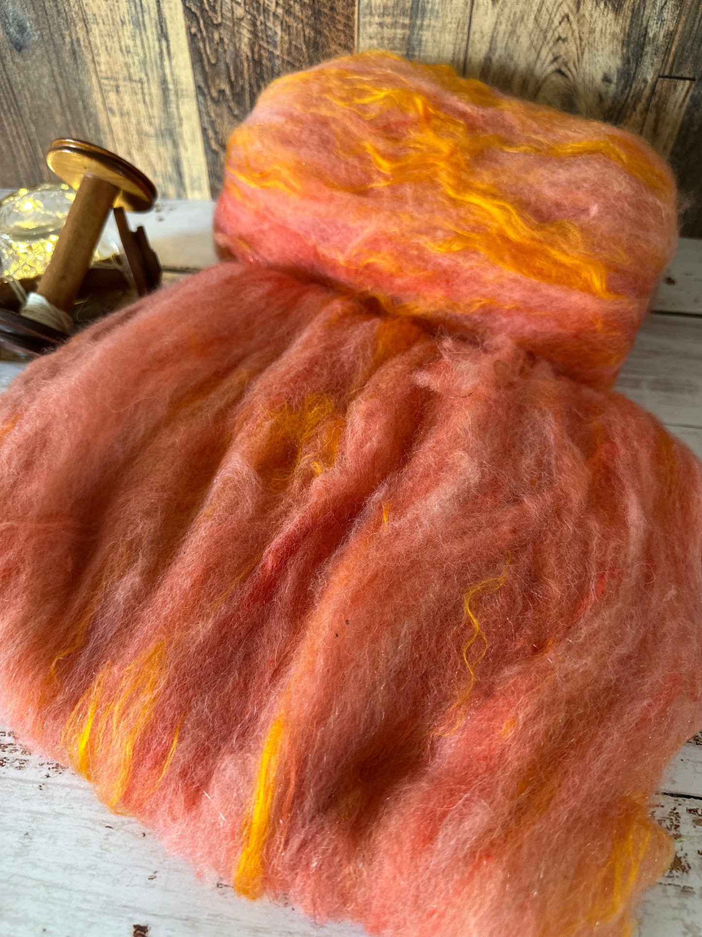Peachy Orange Shetland and Alpaca Art Batt for Spinning or Felting ~ Pride Rainbow