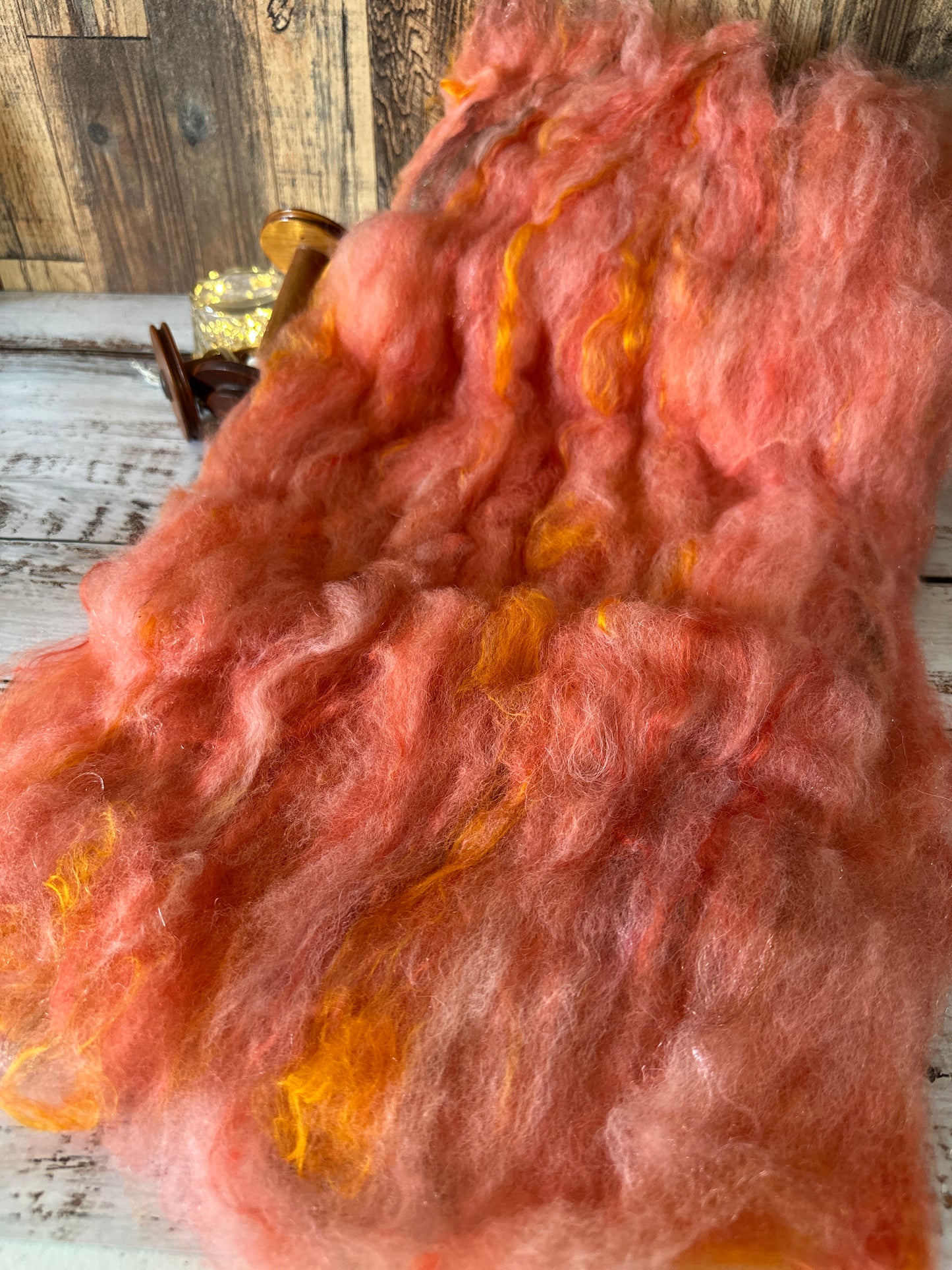 Peachy Orange Shetland and Alpaca Art Batt for Spinning or Felting ~ Pride Rainbow