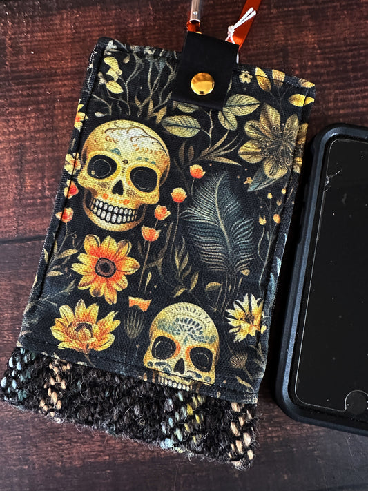 Calavera and Cempasúchil and Handwoven Wool Phone Pouch with Internal Card Pocket