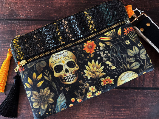 Calavera and Cempasúchil & Handwoven Wool Double Zipper Clutch