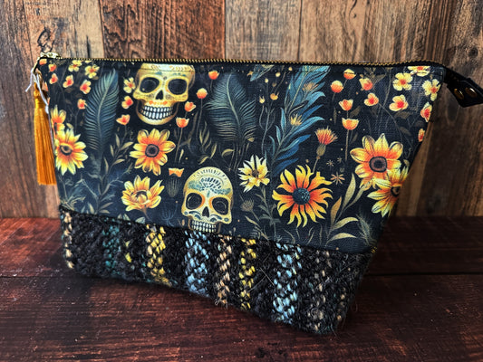 Calavera and Cempasúchil & Handwoven Wool Medium Open Wide Bag