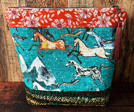 Wild Horses and Woven Wool Cosmetic or Zipper Bag