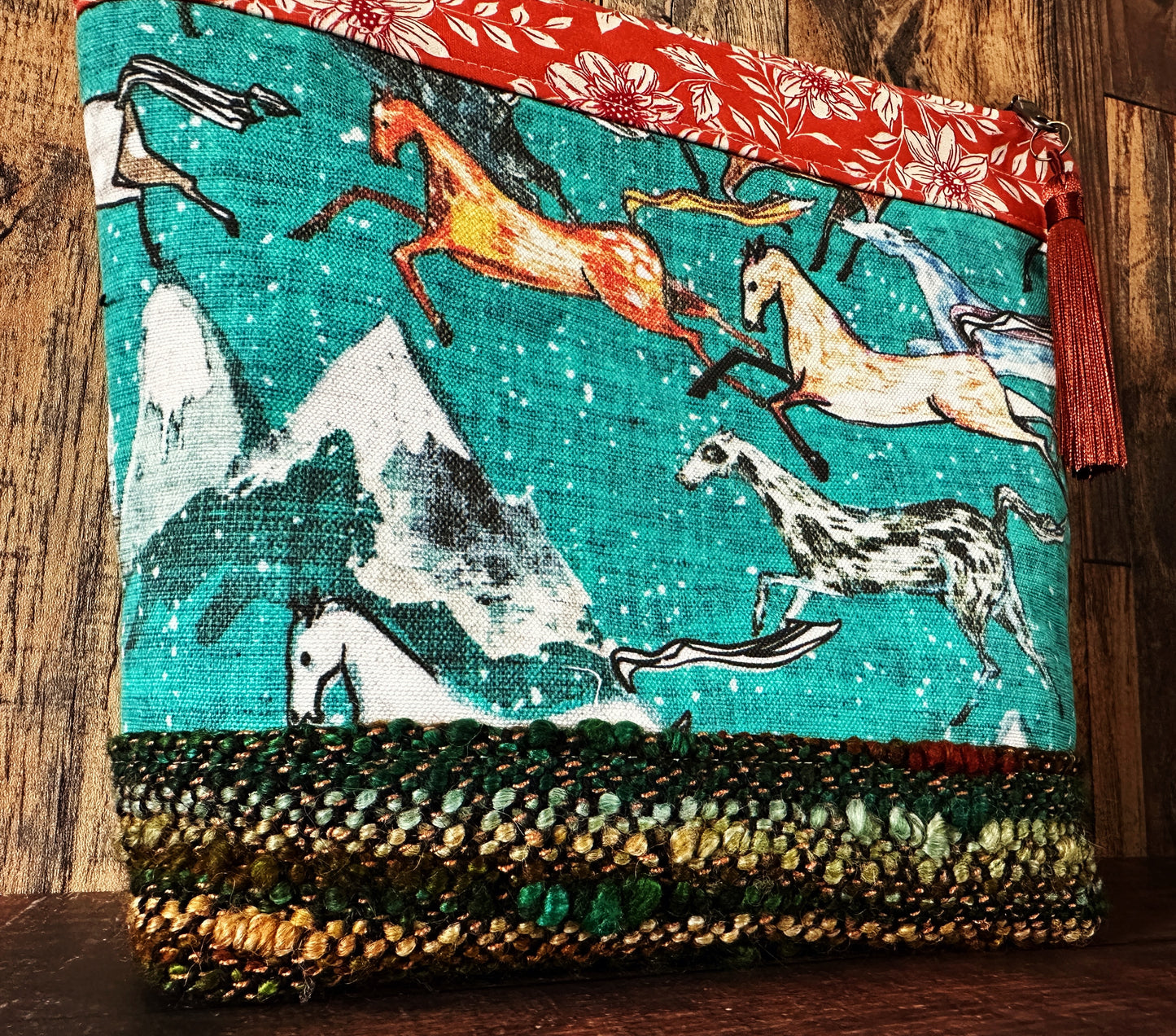Wild Horses and Woven Wool Cosmetic or Zipper Bag