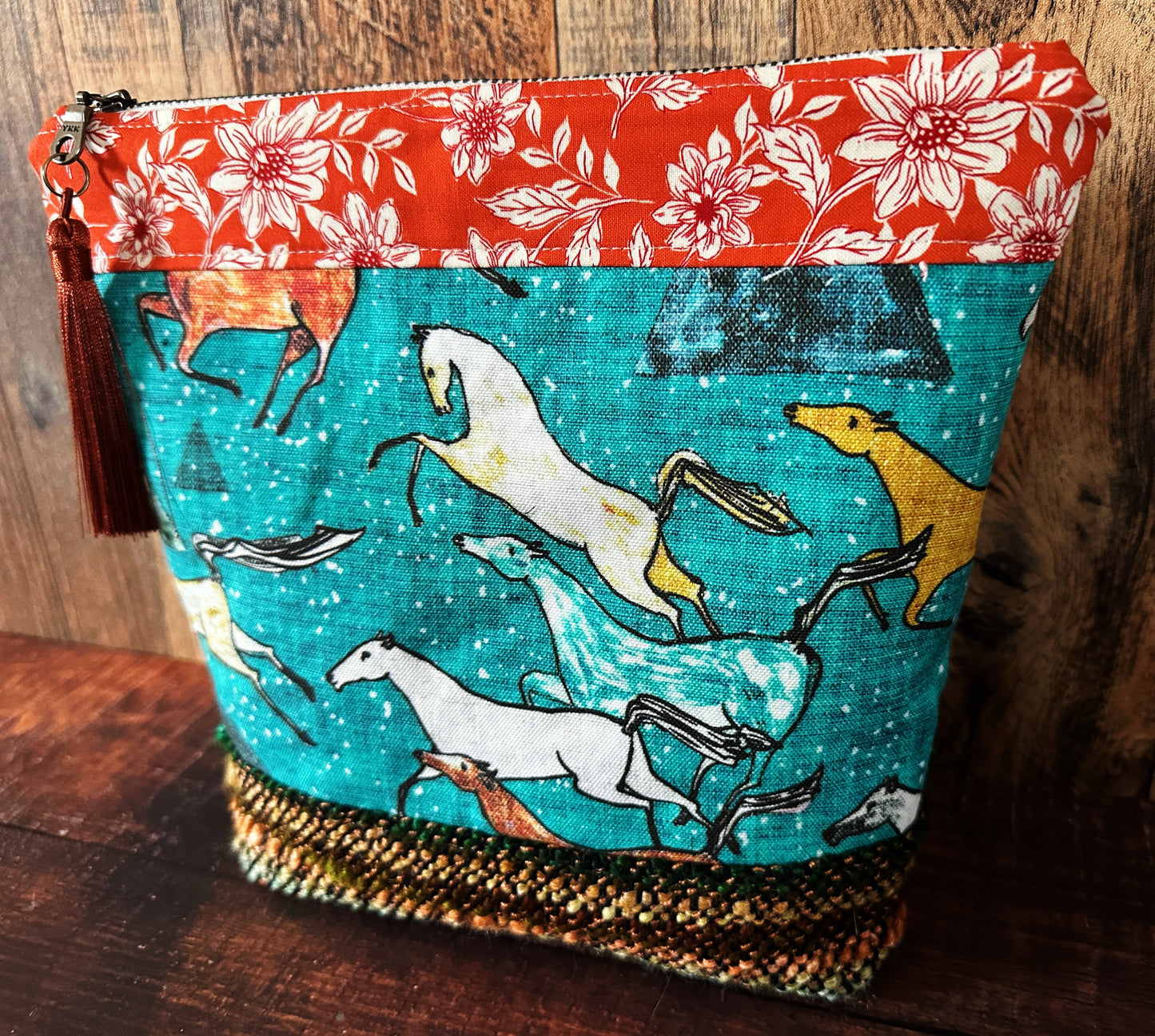 Wild Horses and Woven Wool Cosmetic or Zipper Bag