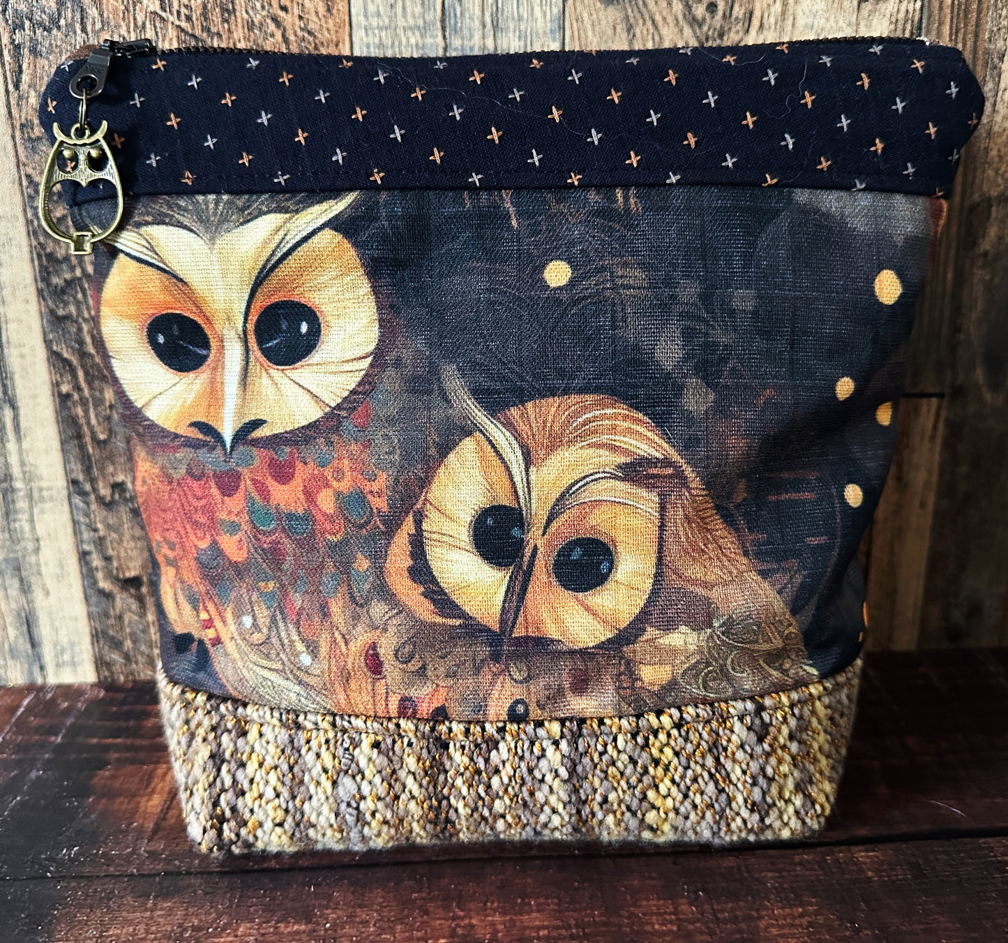 Golden Owls and Woven Wool Cosmetic or Zipper Bag
