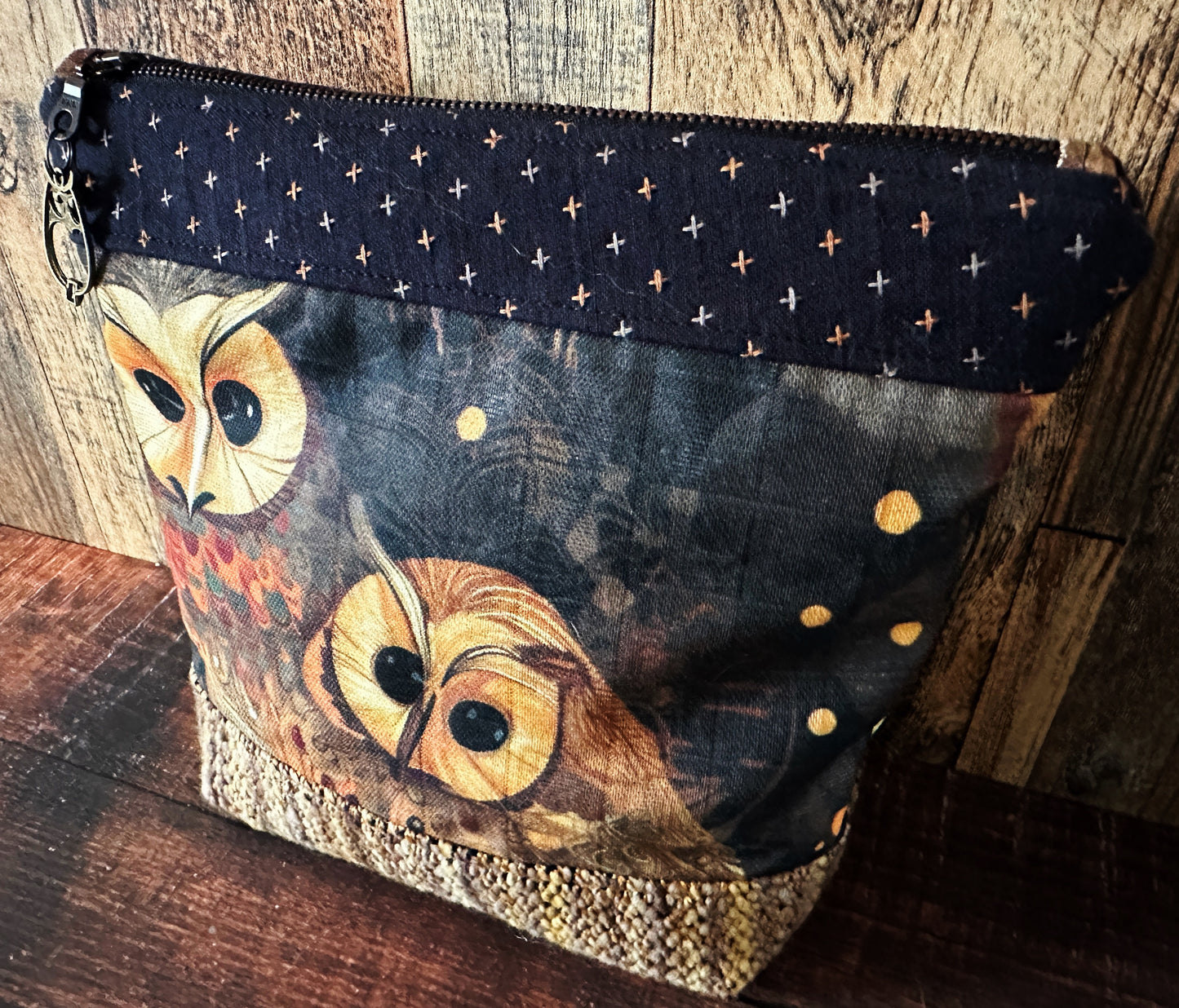 Golden Owls and Woven Wool Cosmetic or Zipper Bag