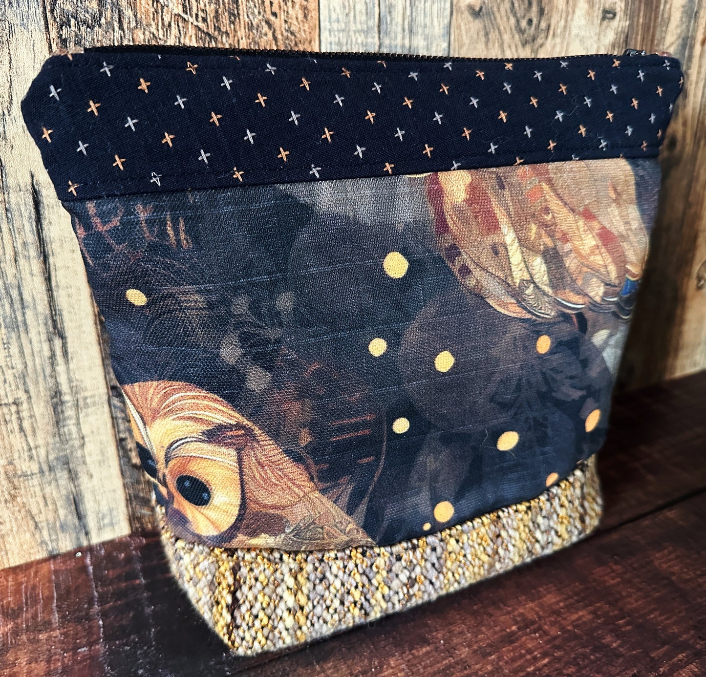 Golden Owls and Woven Wool Cosmetic or Zipper Bag