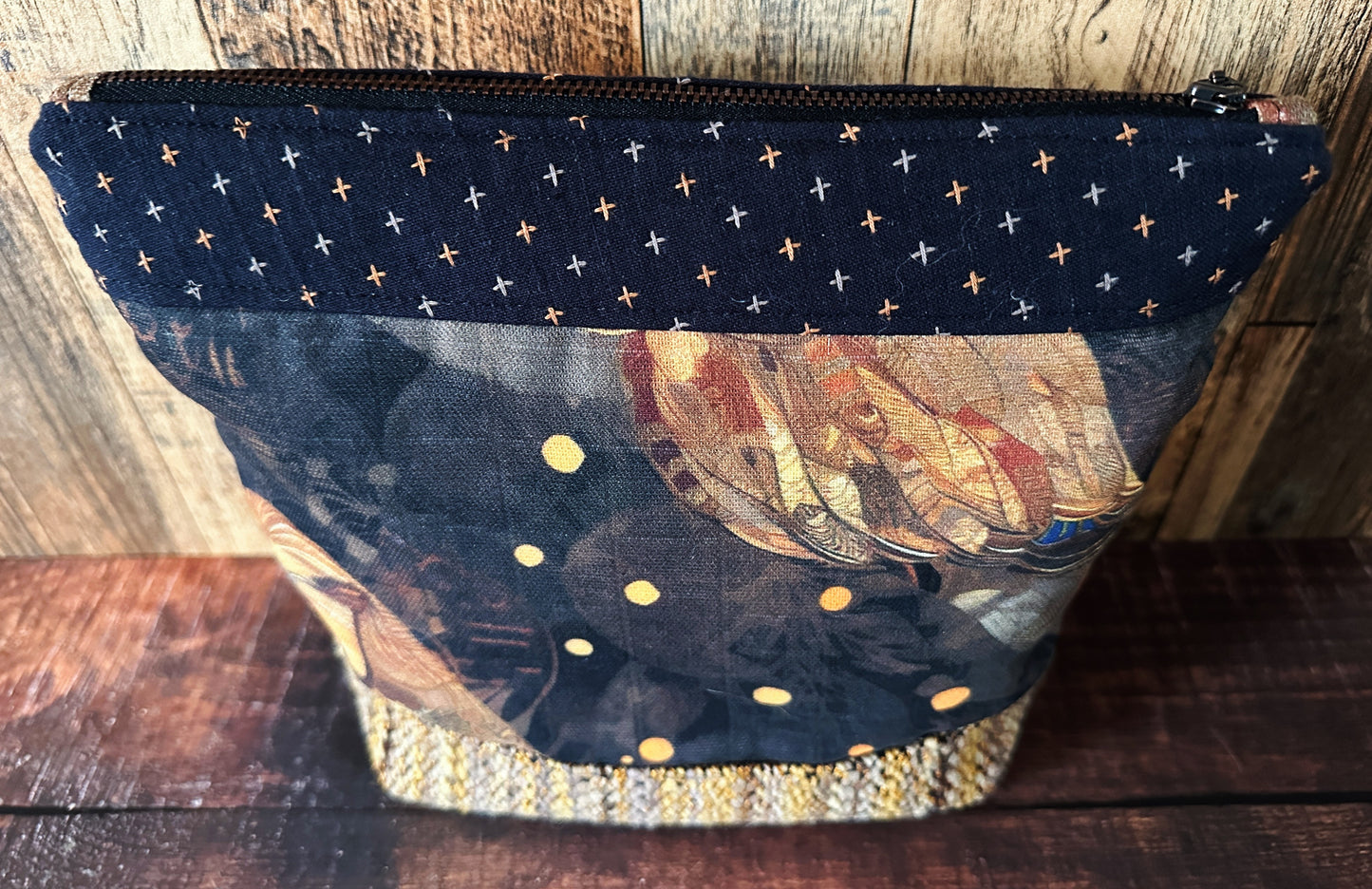 Golden Owls and Woven Wool Cosmetic or Zipper Bag