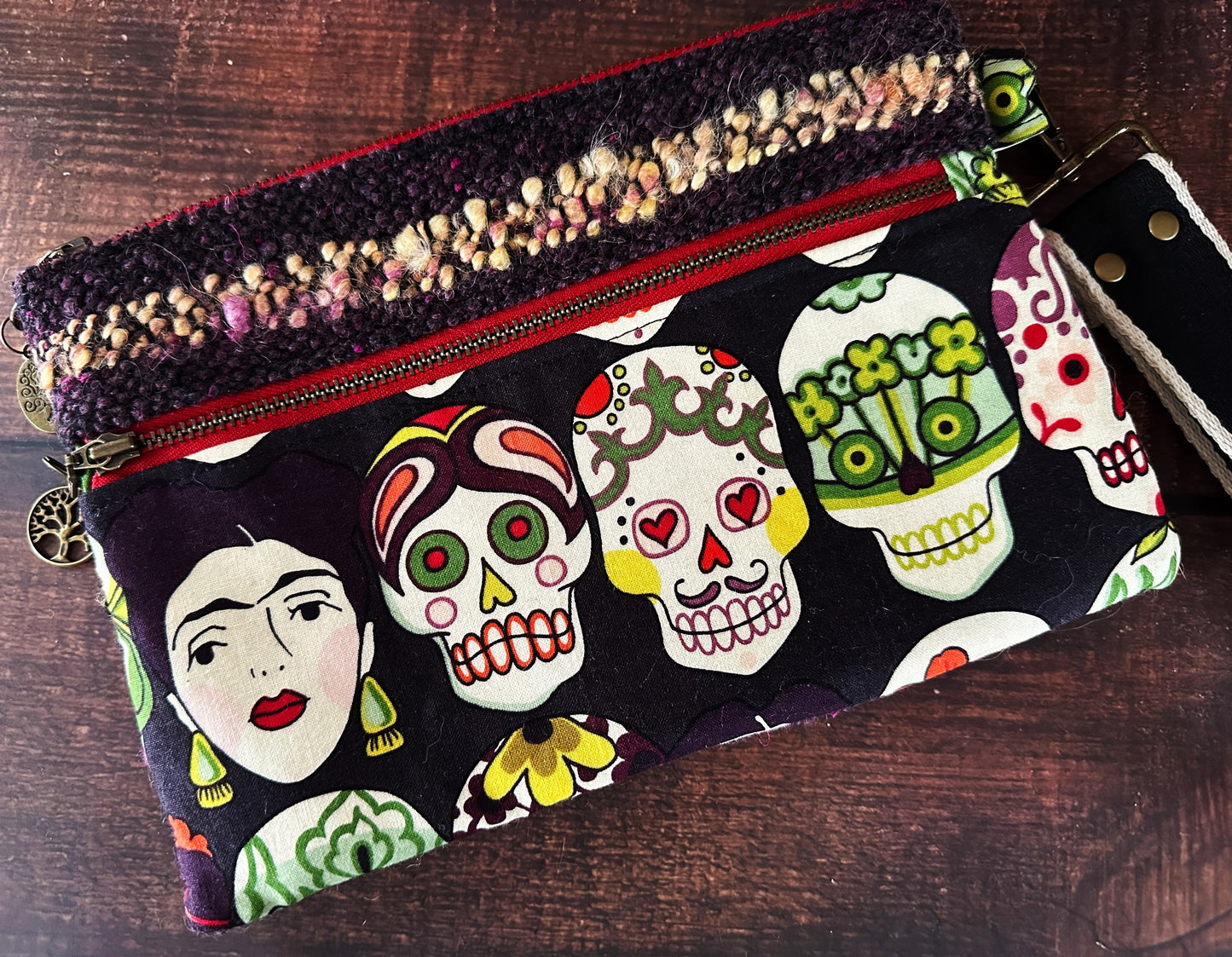 Frida and Calavera & Handwoven Wool Double Zipper Clutch