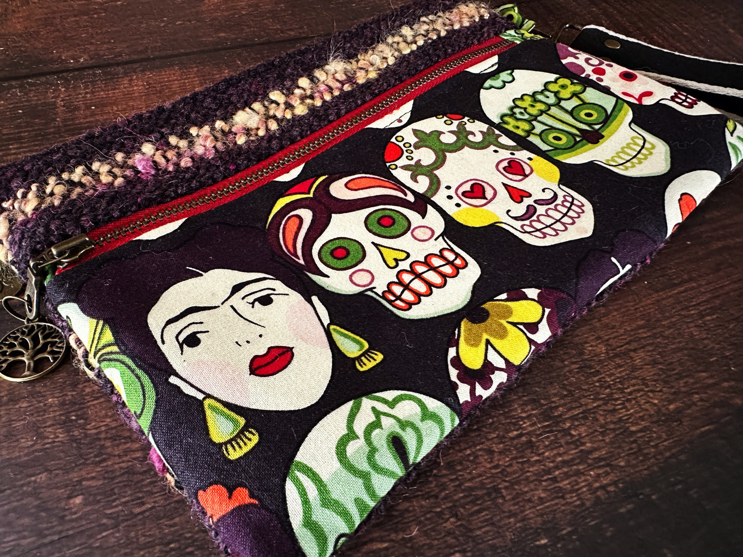 Frida and Calavera & Handwoven Wool Double Zipper Clutch