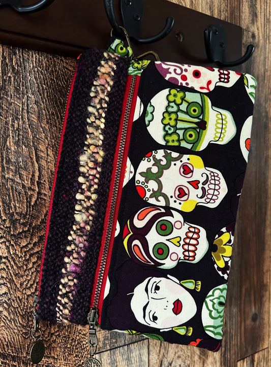 Frida and Calavera & Handwoven Wool Double Zipper Clutch