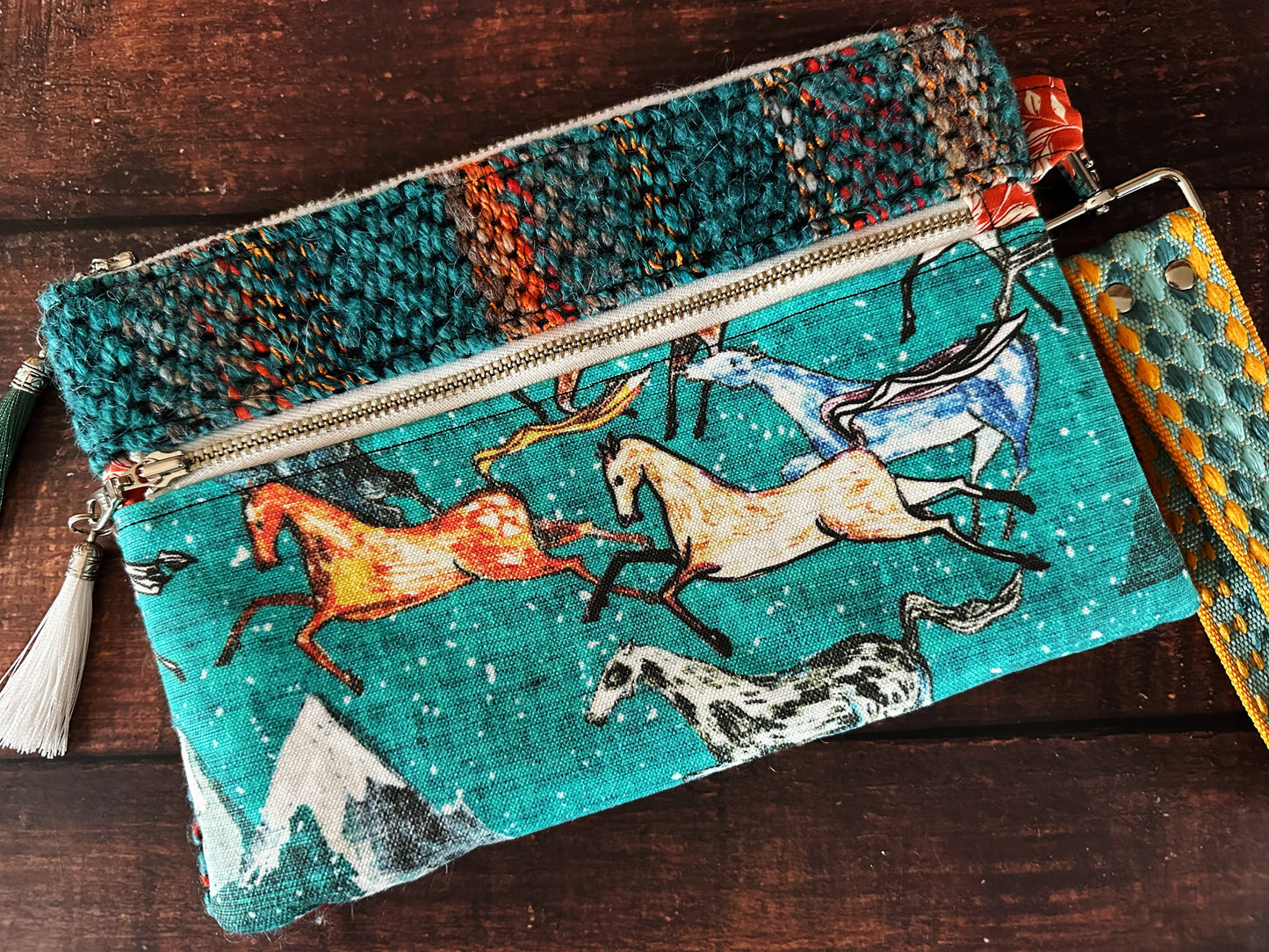 Wild Horses & Handwoven Wool Double Zipper Clutch