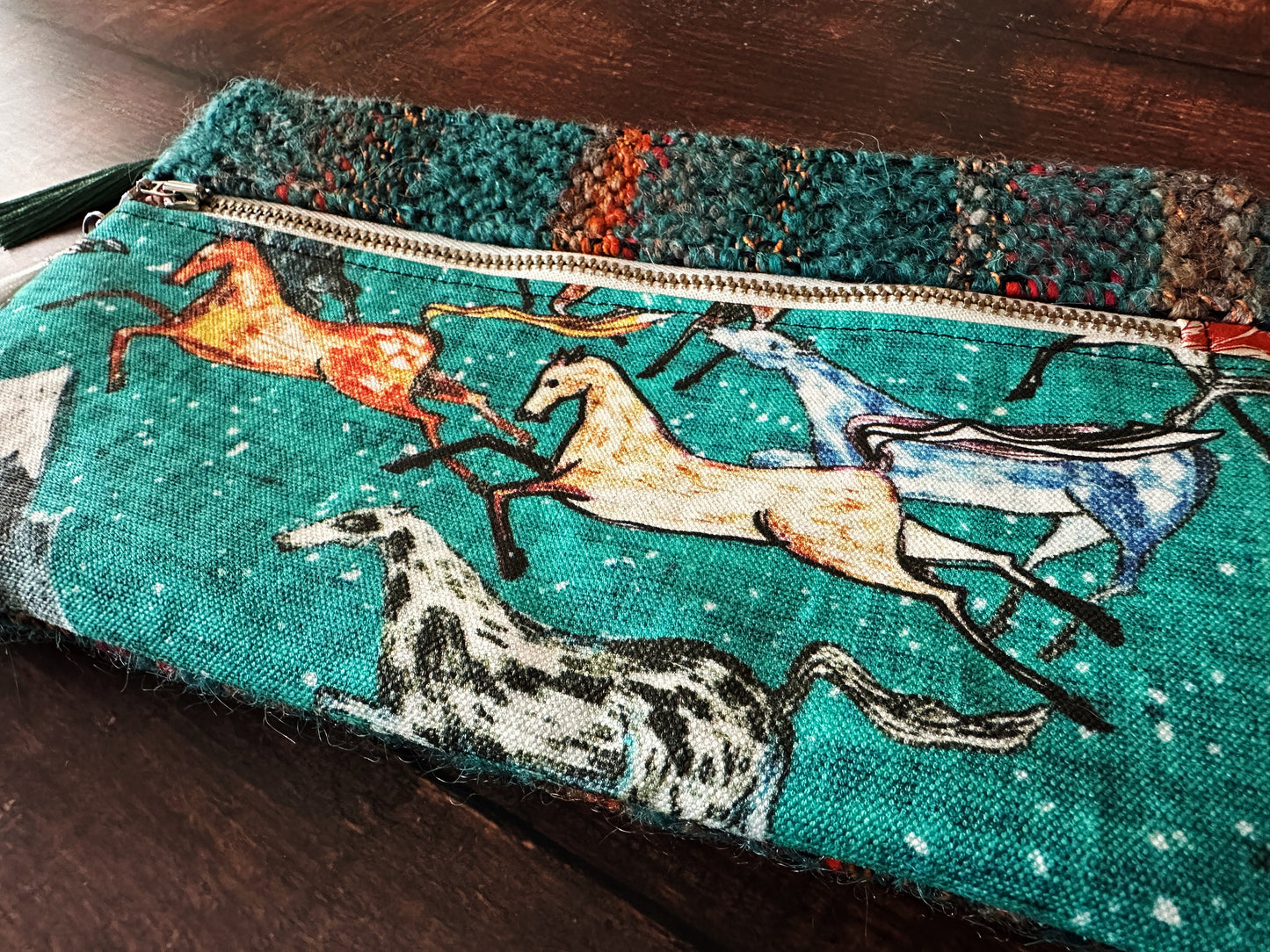 Wild Horses & Handwoven Wool Double Zipper Clutch