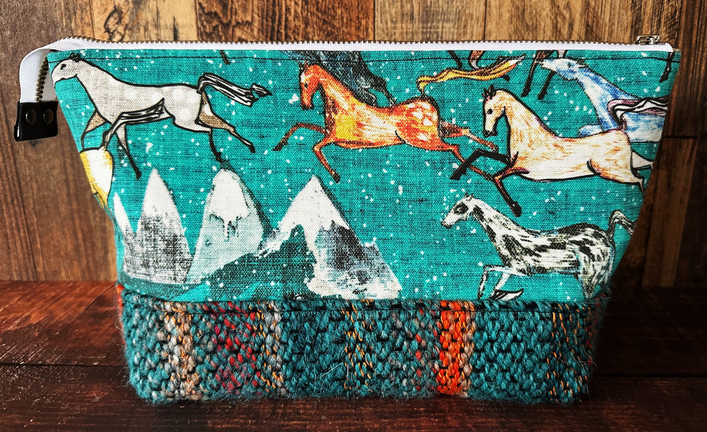 Wild Horses & Handwoven Wool Medium Open Wide Bag
