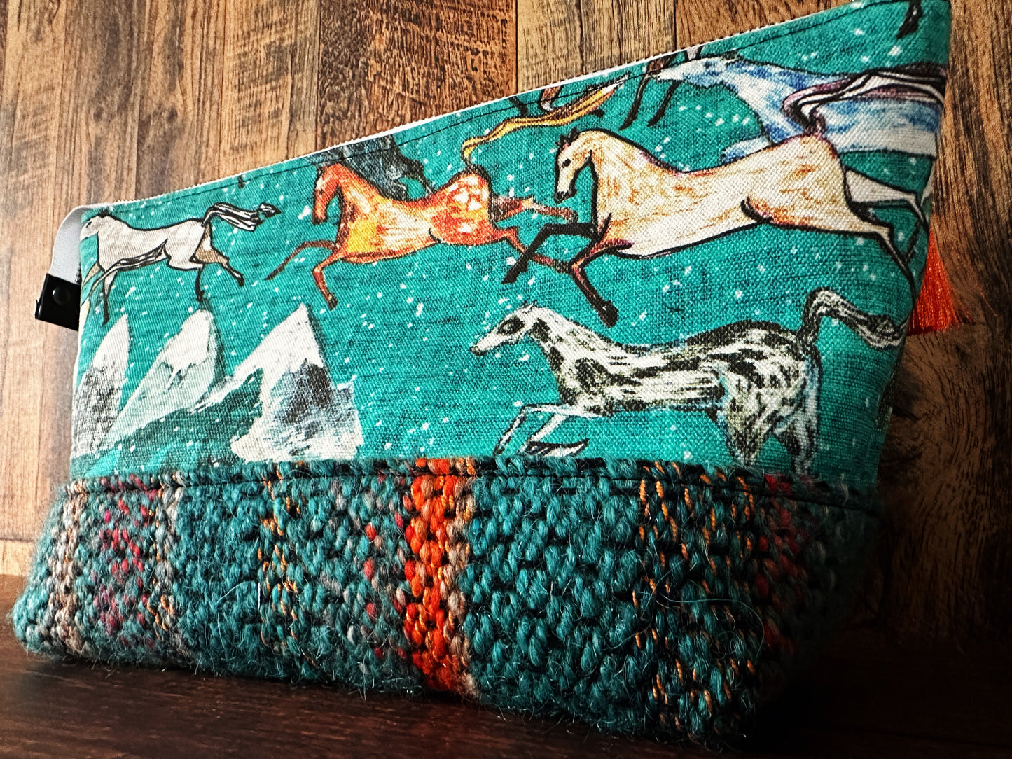 Wild Horses & Handwoven Wool Medium Open Wide Bag