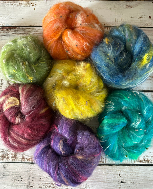 VERY ARTY Art Batts ~ Mixed Set Rainbow of Shetland and Mohair for Spinning or Felting