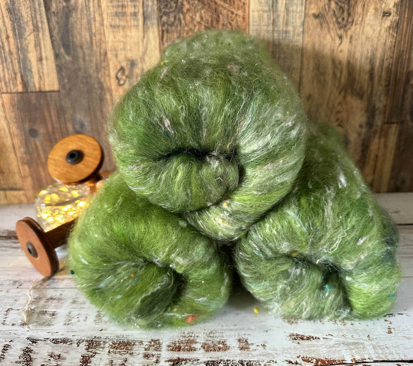 VERY ARTY Art Batts ~ Shetland and Mohair Batt for Spinning or Felting ~ Greens