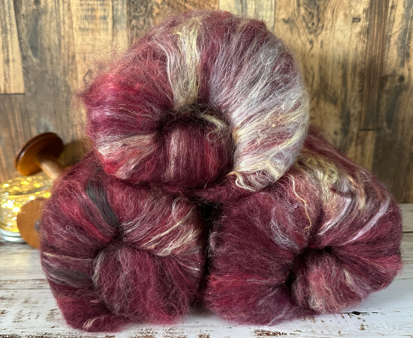 VERY ARTY Art Batts ~ Shetland and Mohair Batt for Spinning or Felting ~ Burgundy and Red