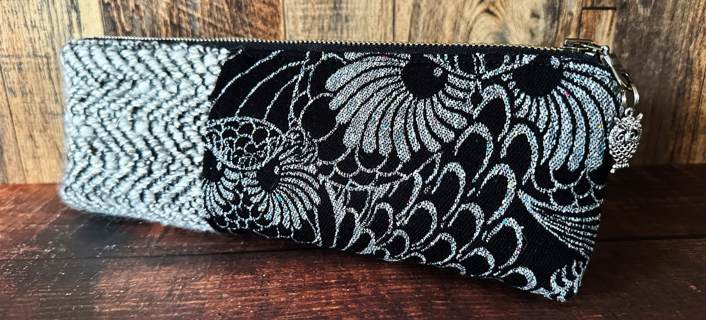 Silver Owls and Handwoven Wool Long and Lean Zipper Bag