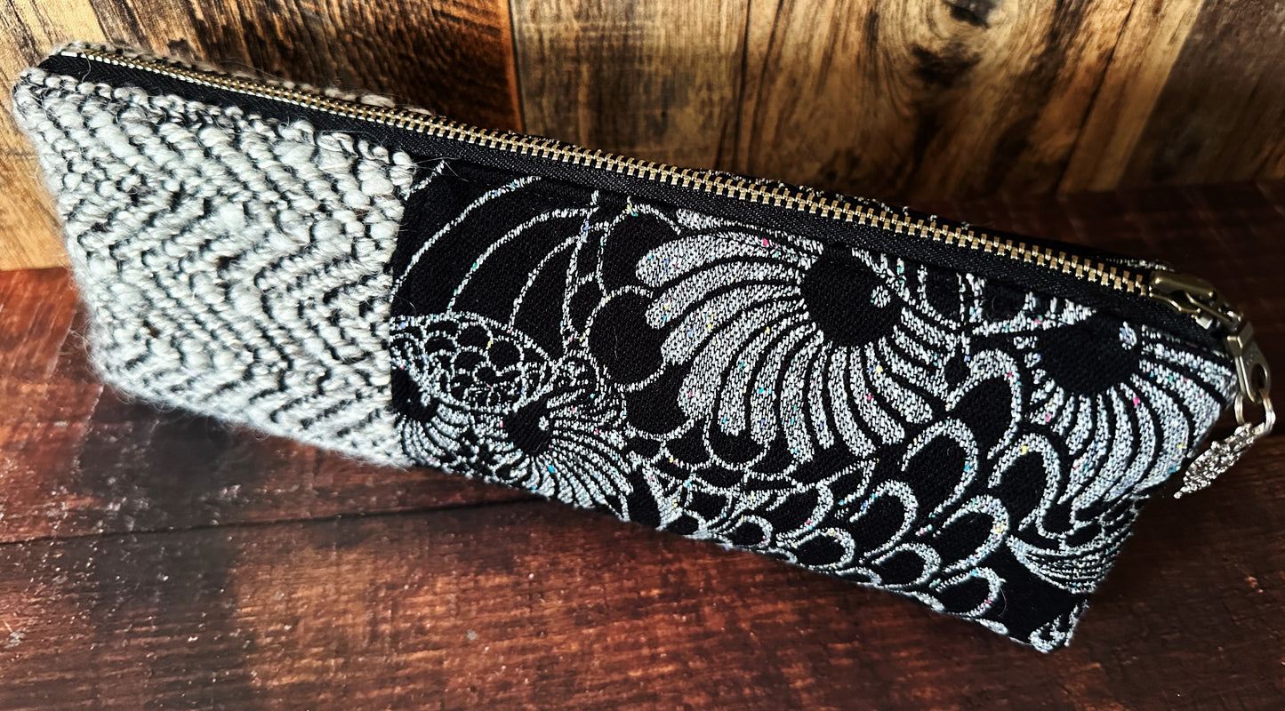 Silver Owls and Handwoven Wool Long and Lean Zipper Bag