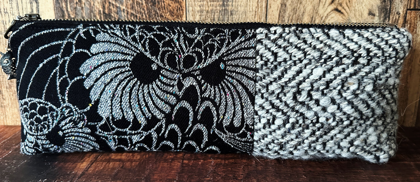 Silver Owls and Handwoven Wool Long and Lean Zipper Bag