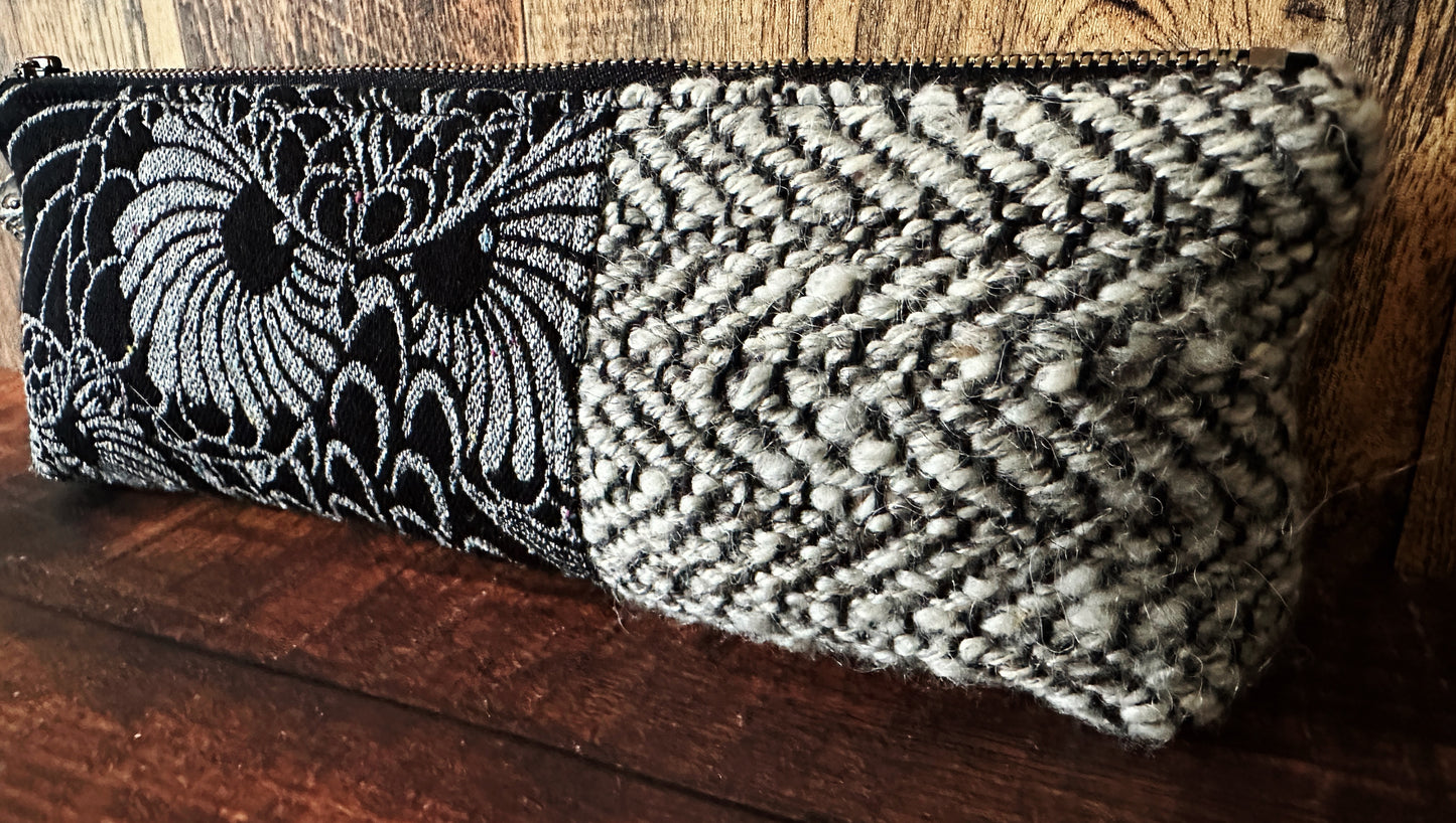 Silver Owls and Handwoven Wool Long and Lean Zipper Bag